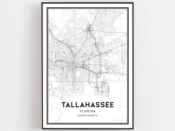 Tallahassee Map Print Poster Wall Art Fl City Florida Street Decor Road Gift B552