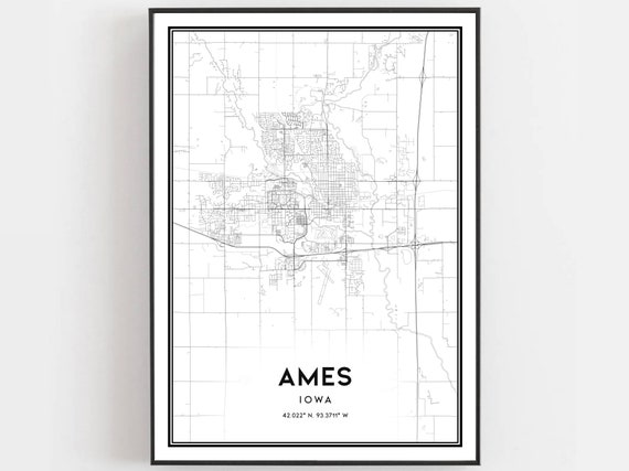 Ames Map Print Poster Wall Art Ia City Iowa Street Decor Road Gift B1138