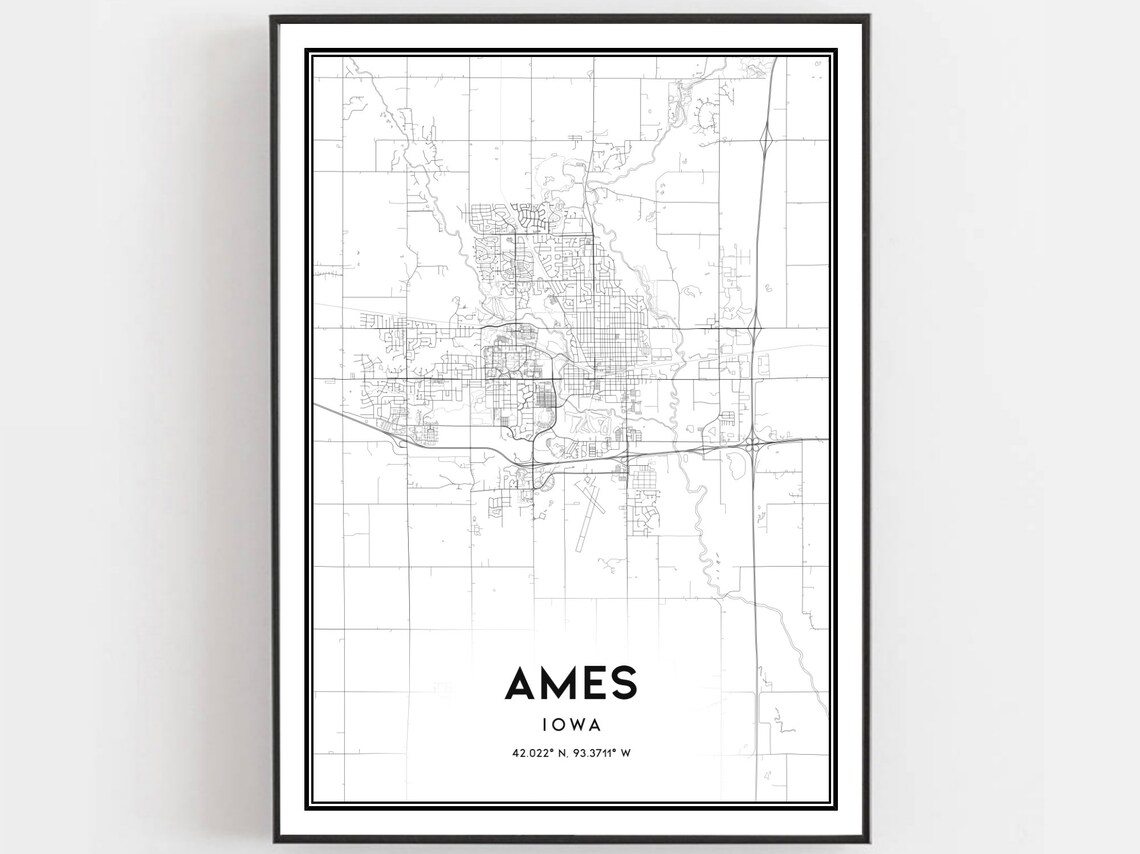 Ames Iowa Hometown Street Map Minimalist Black White Decor Poster