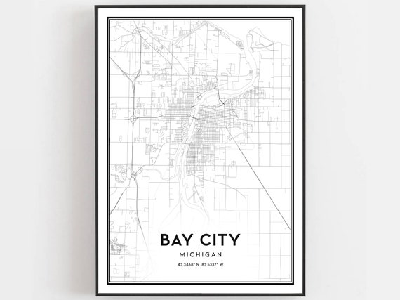 Bay City Map Print Poster Wall Art Mi Michigan Street Decor Road Gift B1140