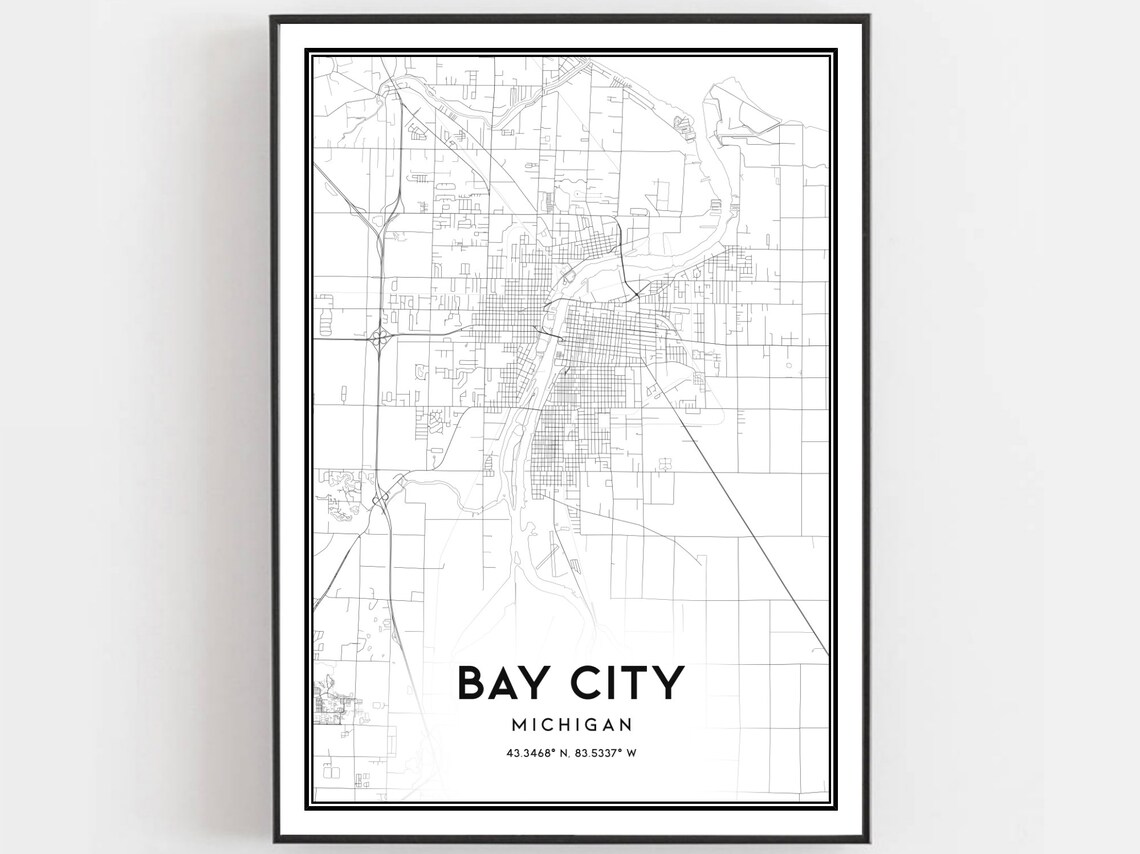 Bay City Michigan Minimal Black White City Street Map Art Poster