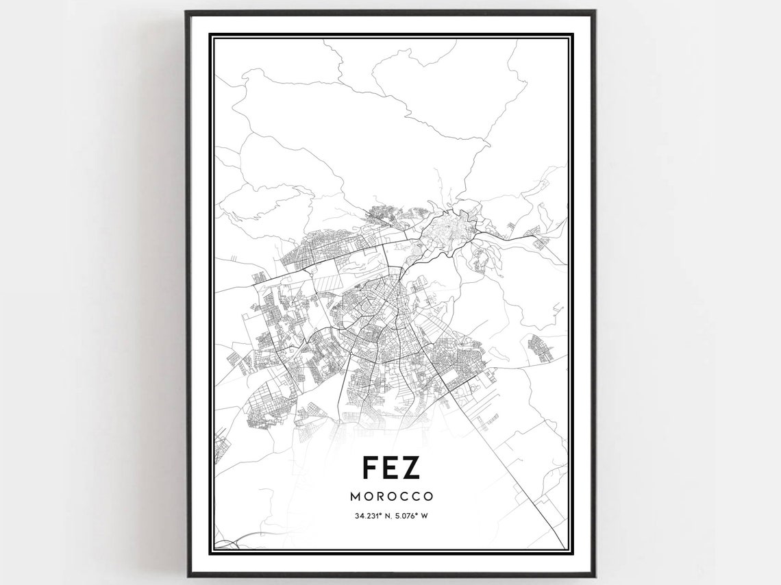 Fez Morocco Minimalist City Street Map Black Line Art Poster