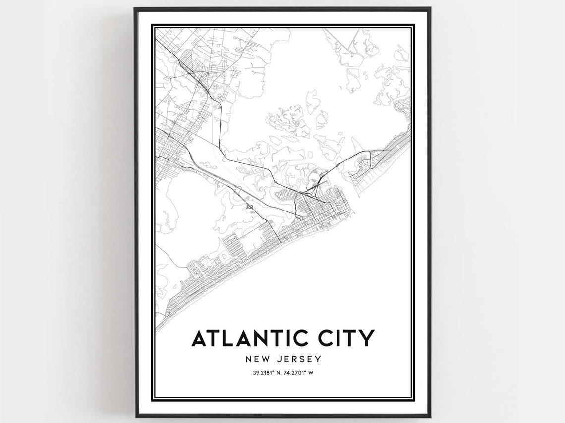 Atlantic City New Jersey Street Map Black White City Shore Poster