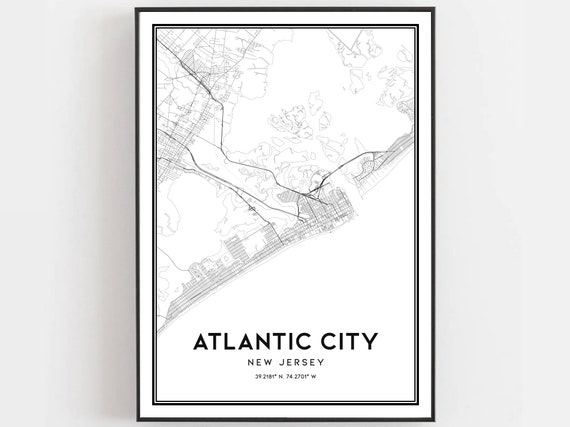 Atlantic City Map Print Poster Wall Art Nj New Jersey Street Decor Road Gift