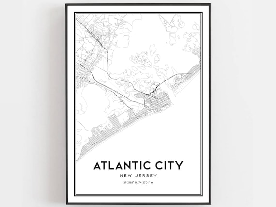 Atlantic City New Jersey Street Map Black White City Shore Poster