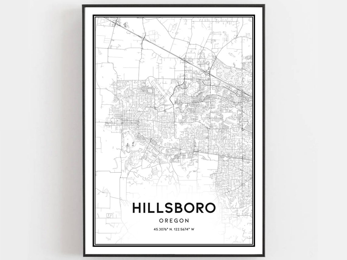 Hillsboro Oregon Black White City Street Map Line Art Poster