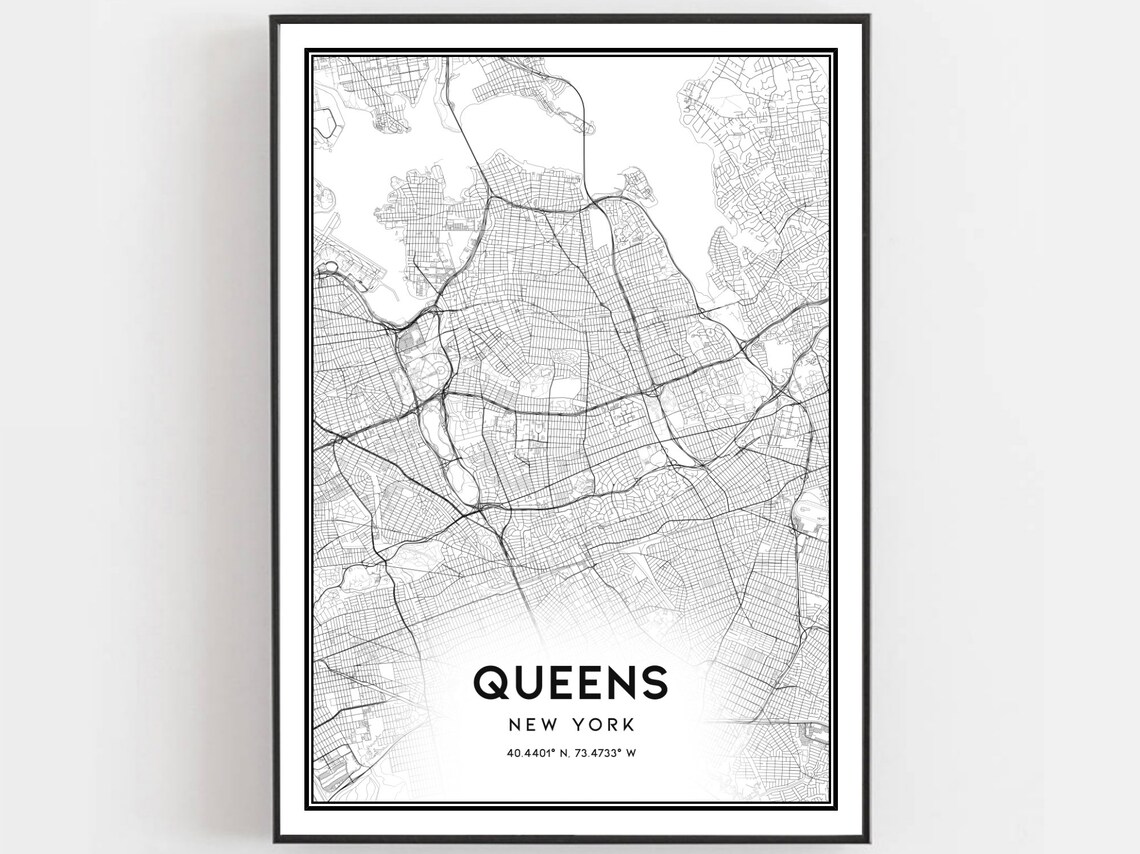 Queens New York Elegant Minimal Black White Street Map Poster