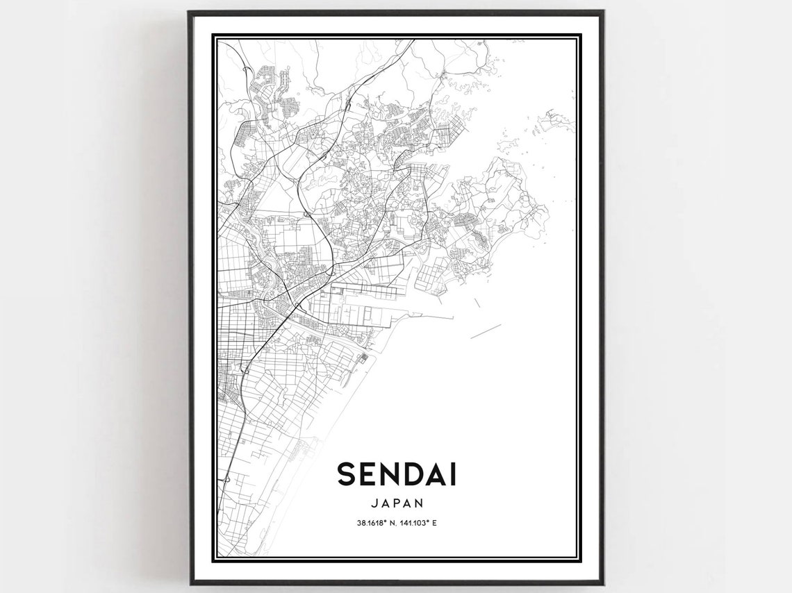 Sendai Japan Street Map Black White Minimalist Coordinates Wall Poster
