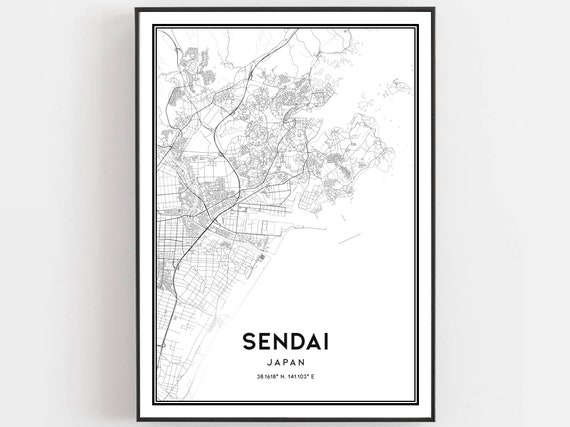 Sendai Map Print Poster Wall Art City Street Decor Road Gift B134