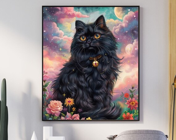 Fluffy Black Cat Fantasy Poster With Gold Collar In Flower Meadow