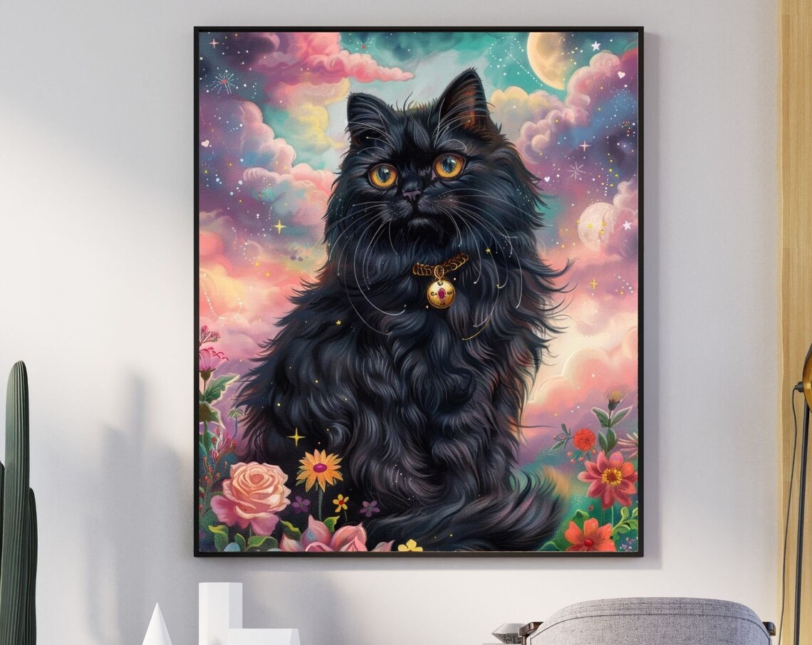 Fluffy Black Cat Fantasy Poster With Gold Collar In Flower Meadow