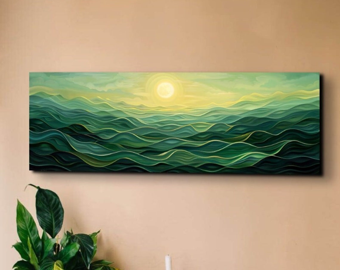 Full Moon Rising Over Green Ocean Waves Moonlit Night Poster