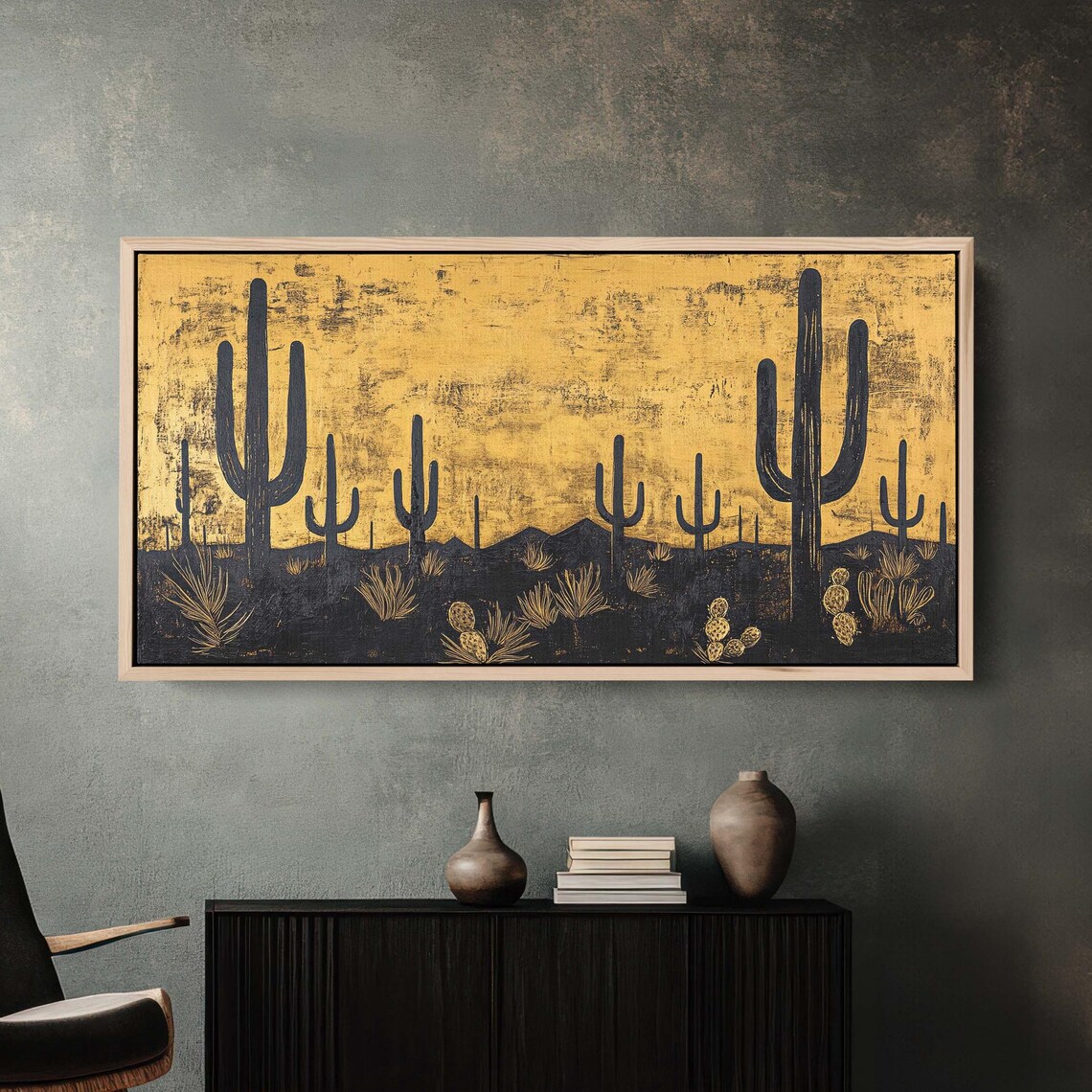 Empty Desert Art Print, Black And Gold Cactus Decor