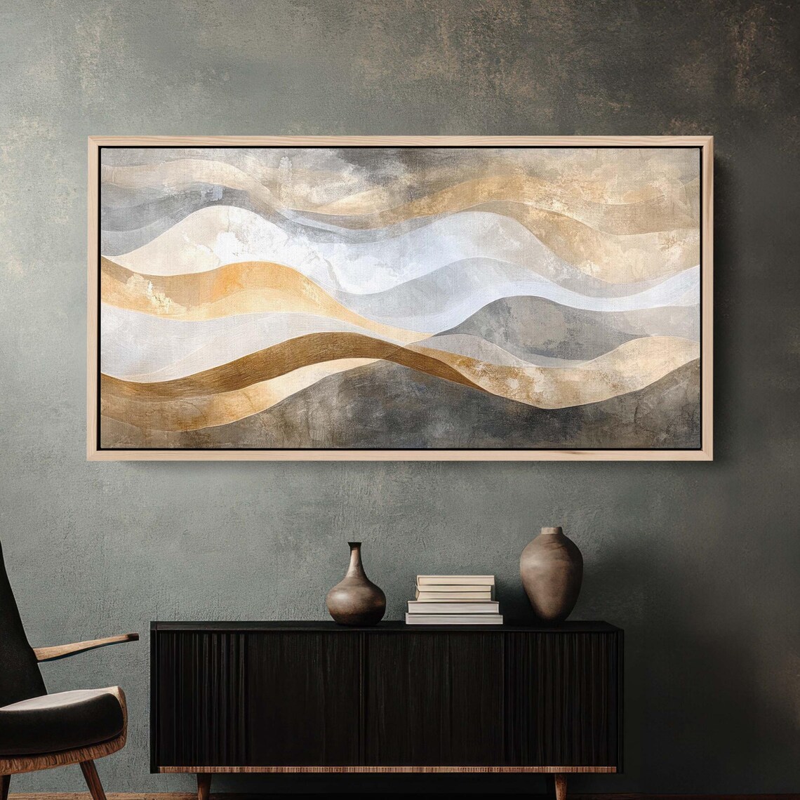 Morning Fog Minimalist Mountain Landscape Beige Gold Wave Art Poster