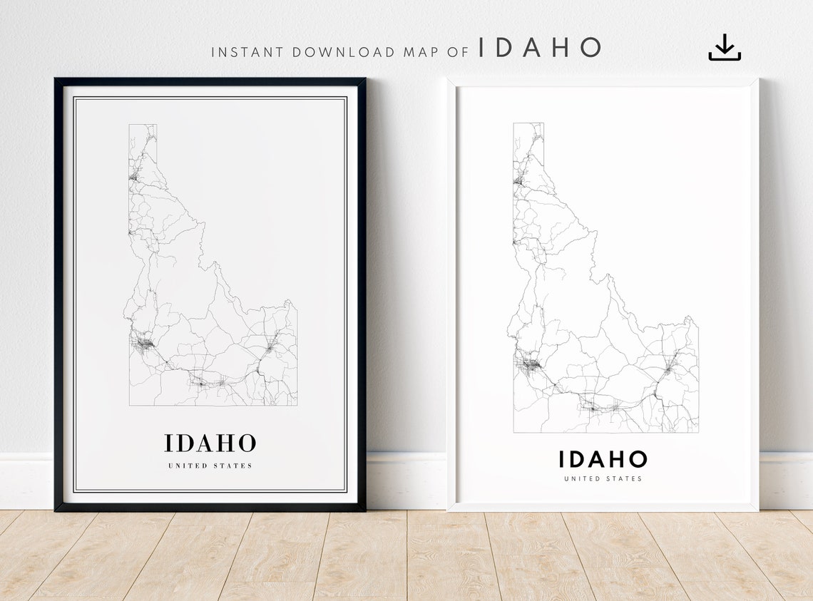 Idaho State Detailed Road Map Minimalist Black White Art Poster