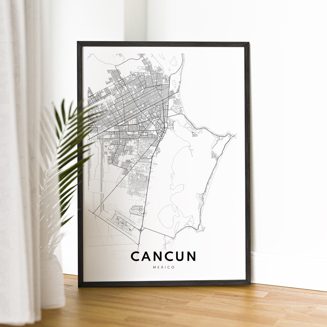 Cancun Mexico Black and White City Map Modern Minimalist Wall Art