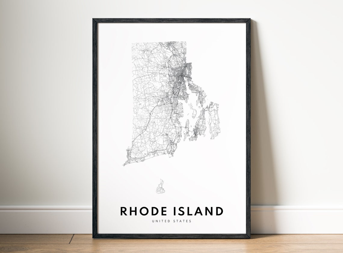 Rhode Island United States Black and White State Road Map Poster