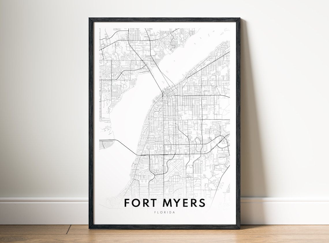 Fort Myers Florida City Street Map Minimalist Black White Wall Art