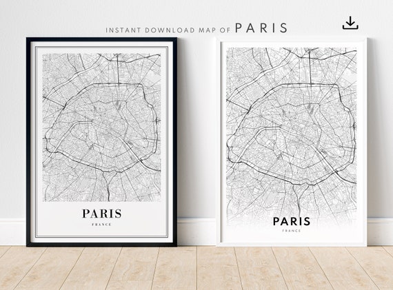 Paris Map Print, Minimal Black And White Poster