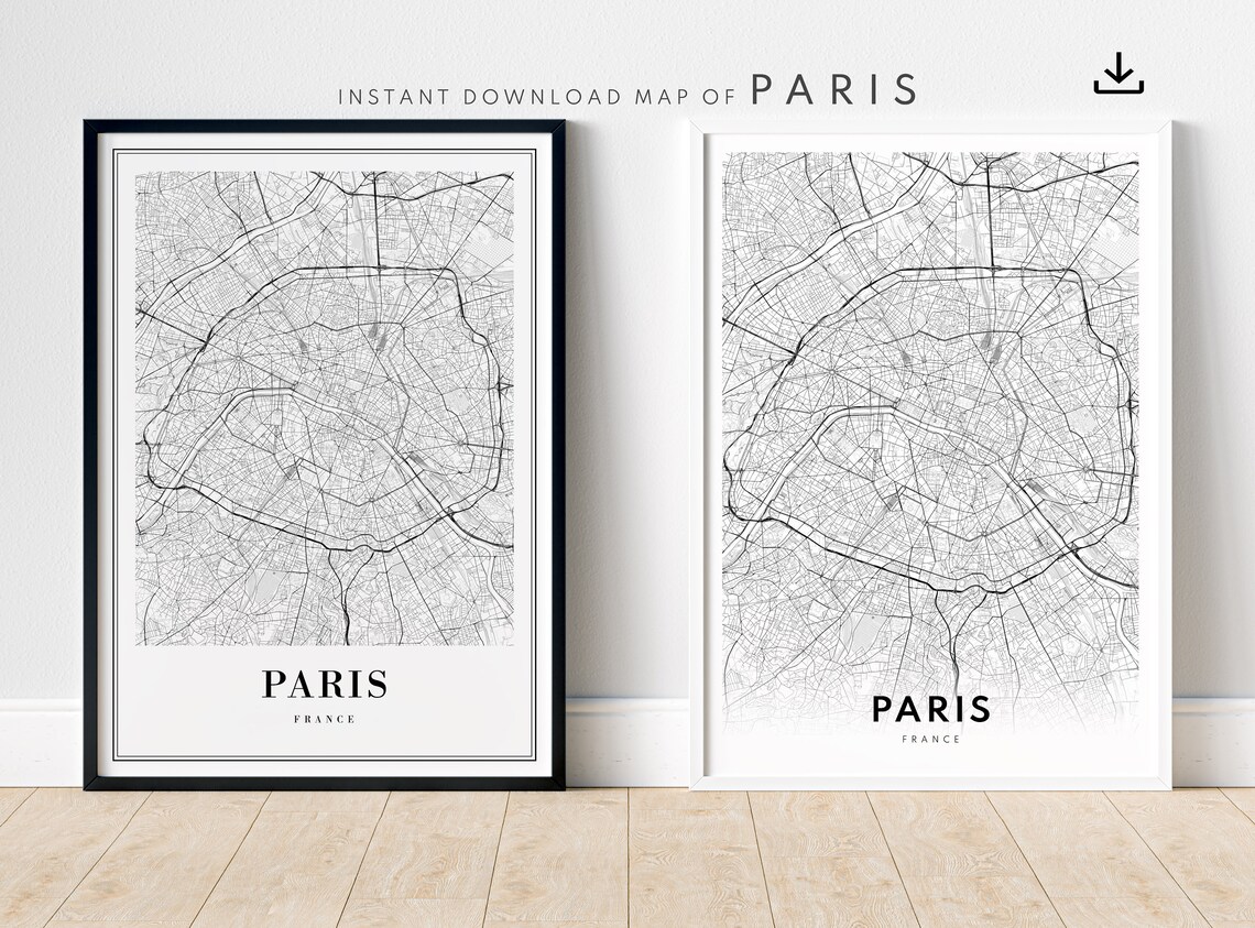 Paris Map Print, Minimal Black And White Poster