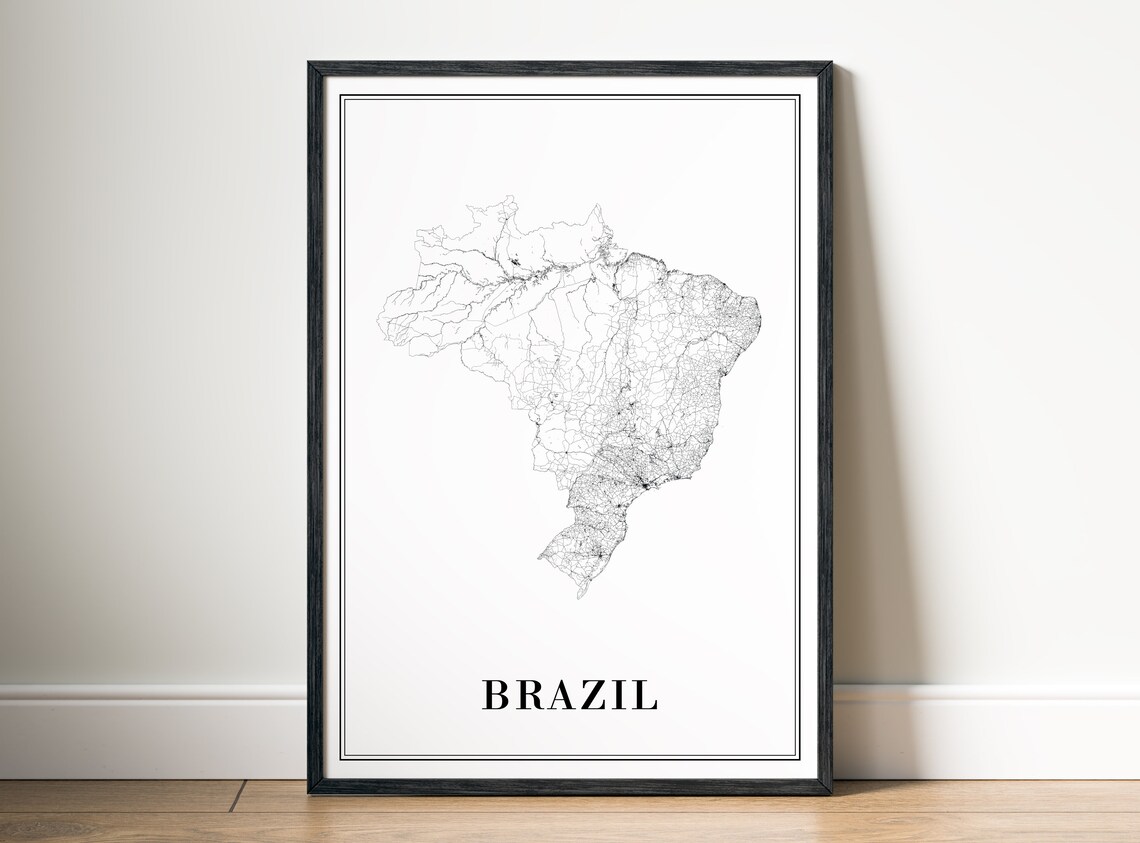 Brazil Map Black And White Travel Poster