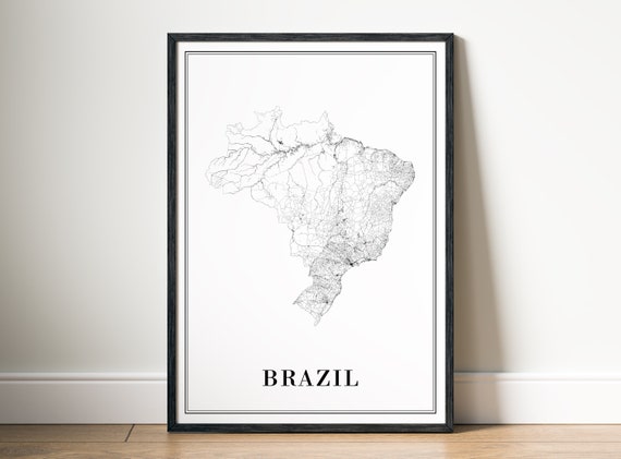 Brazil Map Black And White Travel Poster
