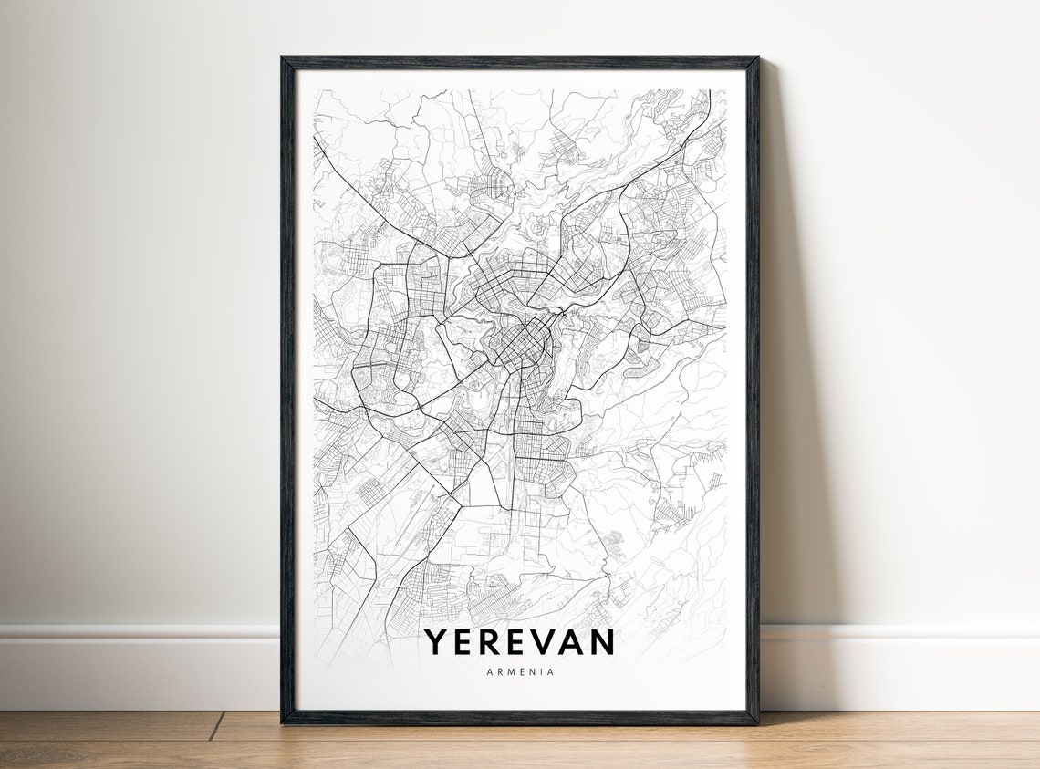 Yerevan Armenia Minimalist Black Line City Street Map Poster