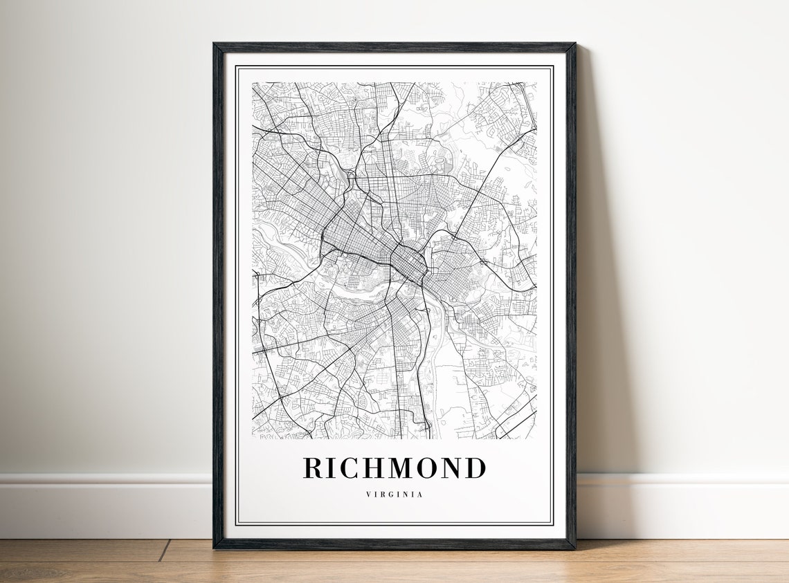 Richmond Virginia Black and White City Map Minimalist Wall Art