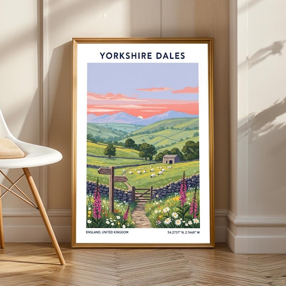 Yorkshire Dales Landscape Poster Pink And Green Blue Illustration Contemporary Countryside Art For Living Room Bedroom Office