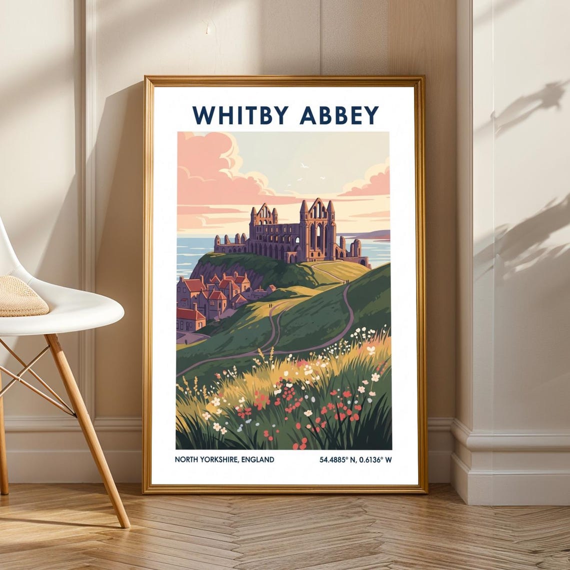 Whitby Abbey Ruins Poster Pink And Green Blue Orange Gouache Painting Travel Art For Living Room Bedroom Perfect Traveller