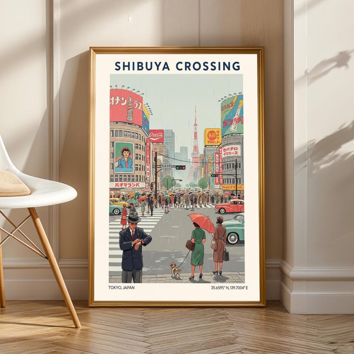 Shibuya Crossing Tokyo Poster Vintage Gouache Painting Red Green Yellow And Blue Art Japanese Retro Style Living Room Office