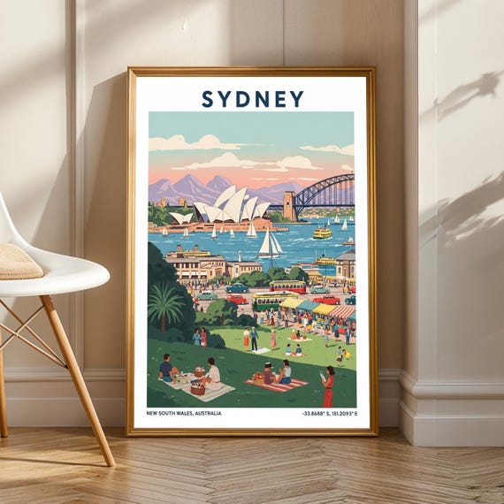 Sydney Opera House Retro Poster Blue Green Pink And Yellow Art Vintage Travel Midcentury Modern Living Room Office Decor