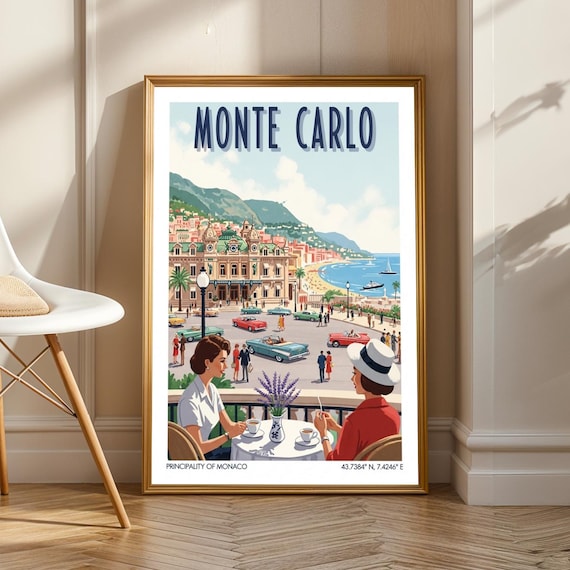 Monte Carlo Vintage Cars Poster Blue Red Green And Beige Gouache Art Retro Travel Illustration For Living Room Or Office Decor