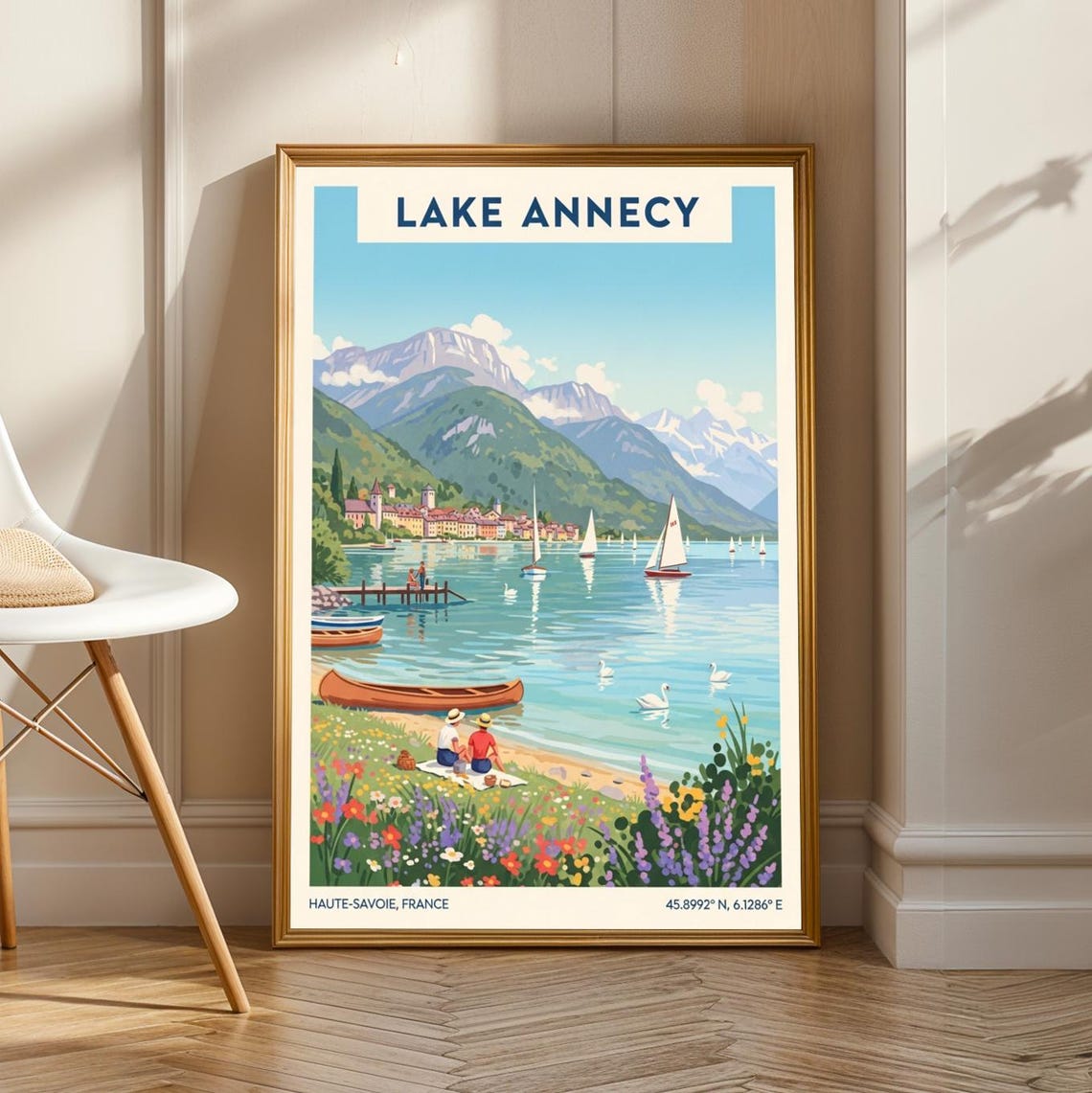 Lake Annecy Sailboats Poster Blue And Green Landscape Art Vintage Travel Illustration French Countryside Decor For Living Room