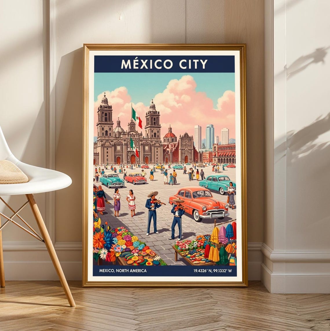 Mexico City Zocalo Cathedral Mariachi Market Retro Travel Poster