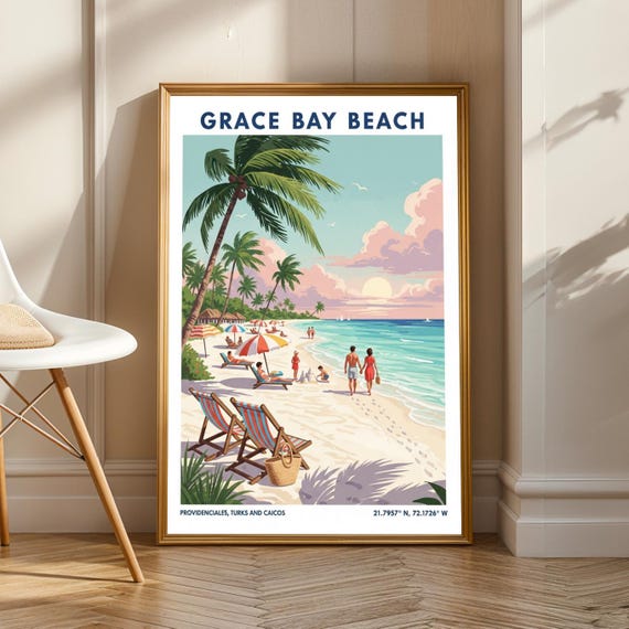 Grace Bay Beach Illustration Print Teal And Pink Vintage Travel Poster Retro Art For Living Room Bedroom Office