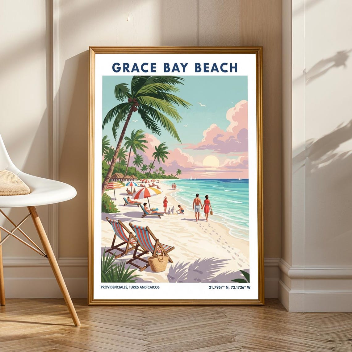 Grace Bay Beach Turks and Caicos Retro Tropical Beach Scene Poster
