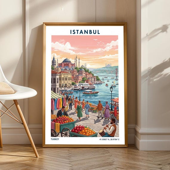 Istanbul Harbor Market Sunset Vintage Gouache Travel Poster Turkey