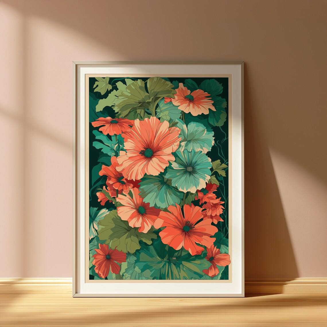 Coral And Teal Floral Art Print Modern Botanical Home Decor