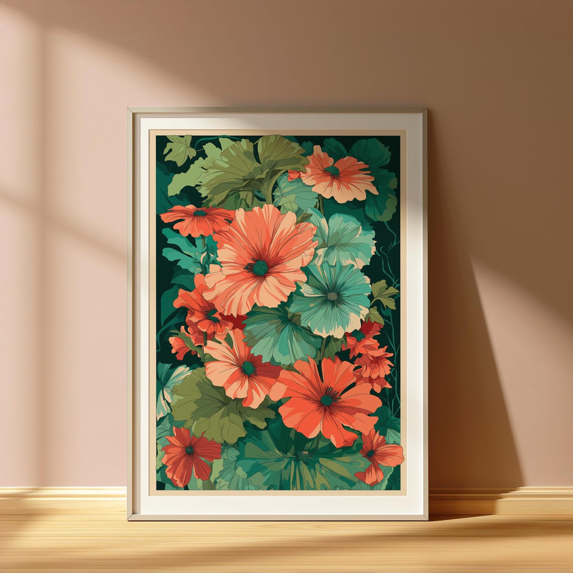 Coral Hibiscus Blooms Against Teal Foliage Botanical Art Print