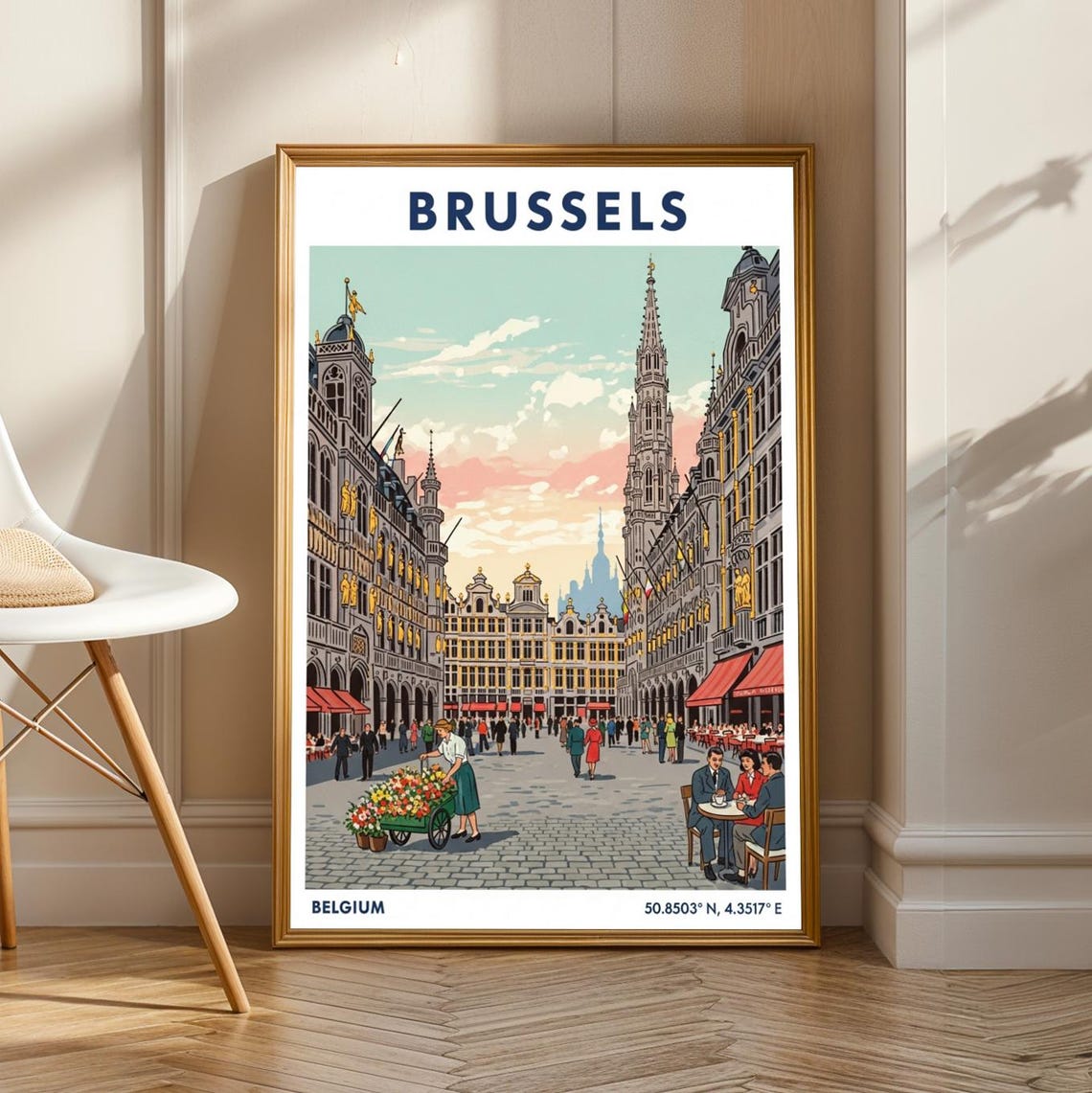 Brussels Grand Place Vintage Belgian Cityscape Travel Poster