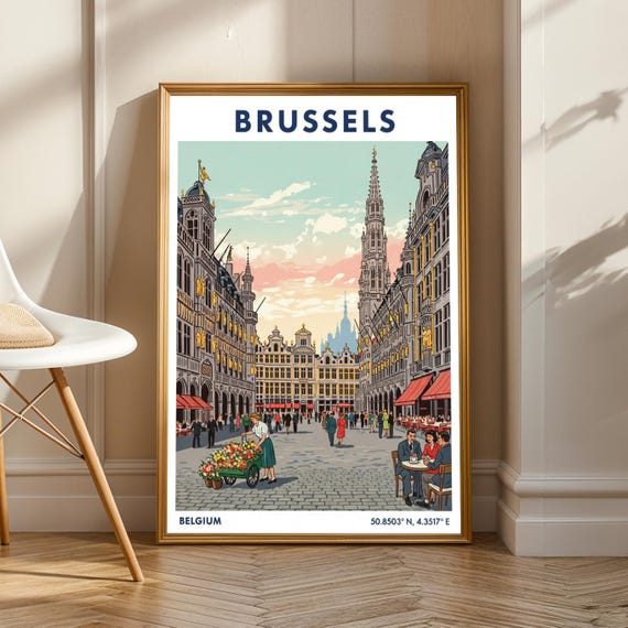 Brussels Grand Place Vintage Belgian Cityscape Travel Poster