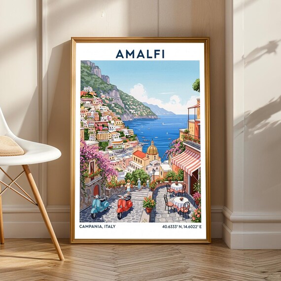 Amalfi Coast Scene Illustration Blue And Red Green Pink Orange Italian Travel Poster Mediterranean Wall Art For Traveller