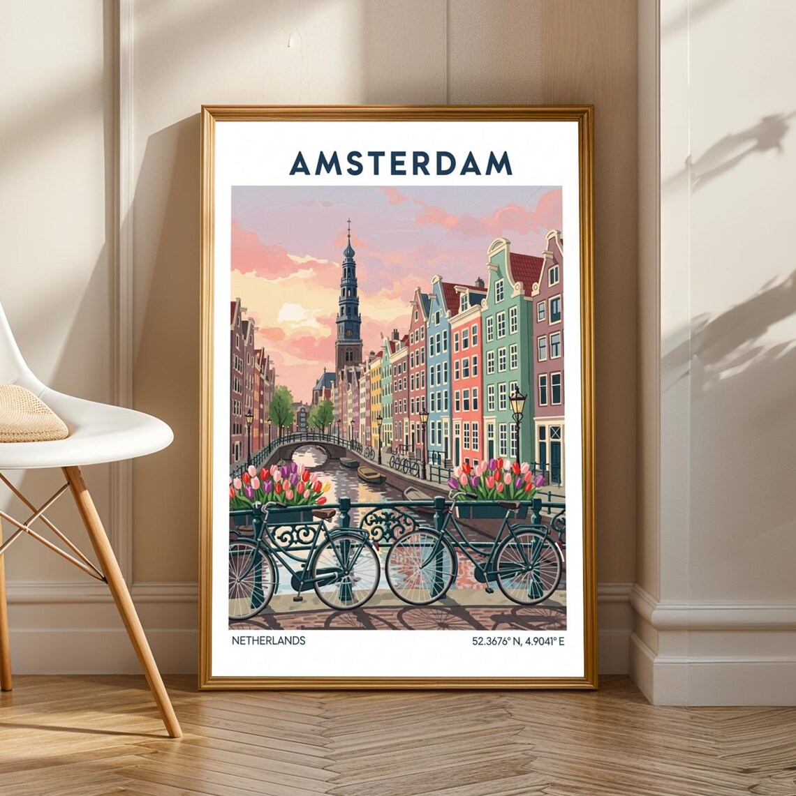 Amsterdam Canal Scene Poster Vintage Gouache Painting Pink And Red Green Blue Yellow Art Dutch Cityscape For Living Room