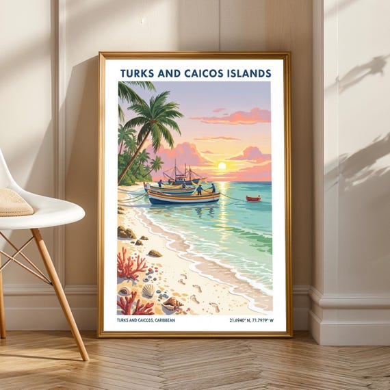 Turks And Caicos Beach Art Print Caribbean Poster Travel Wall Tropical Living Room Office Decor