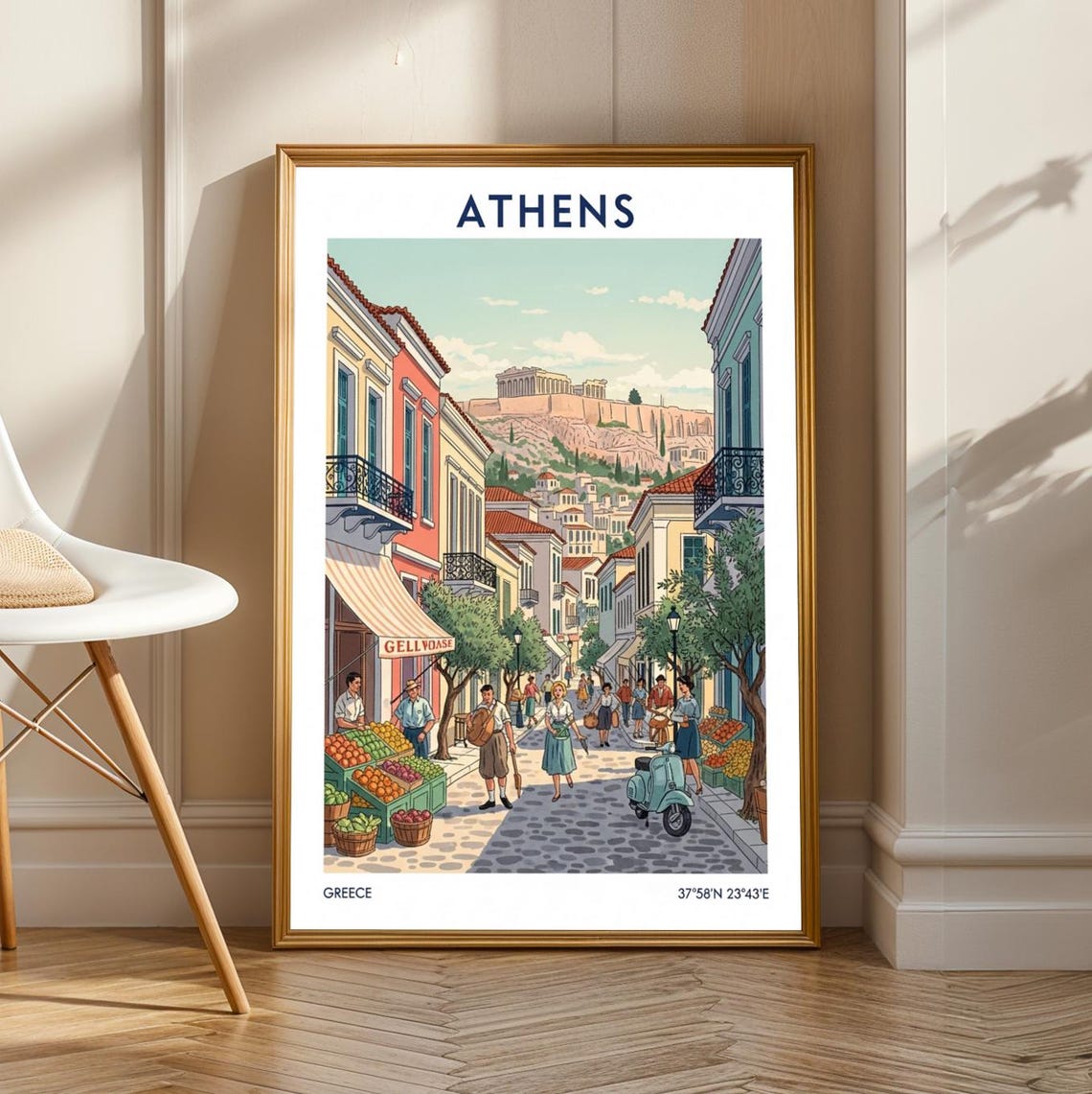 Athens Acropolis Market Poster Vintage Gouache Travel Art Sky Blue And Peach Green Illustration Greek Cityscape For Living Room