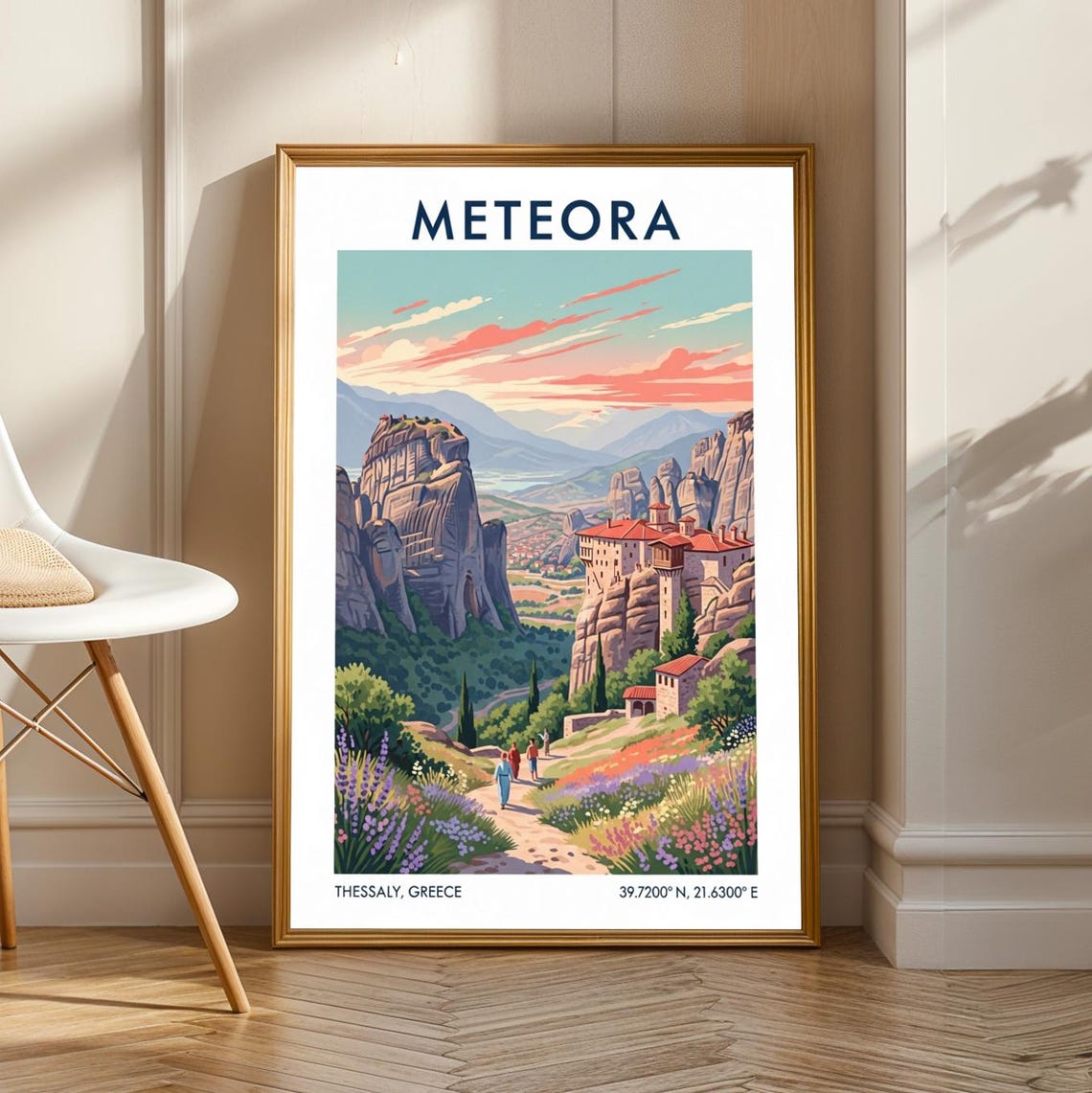 Meteora Greece Rock Monasteries Sunset Vintage Travel Poster