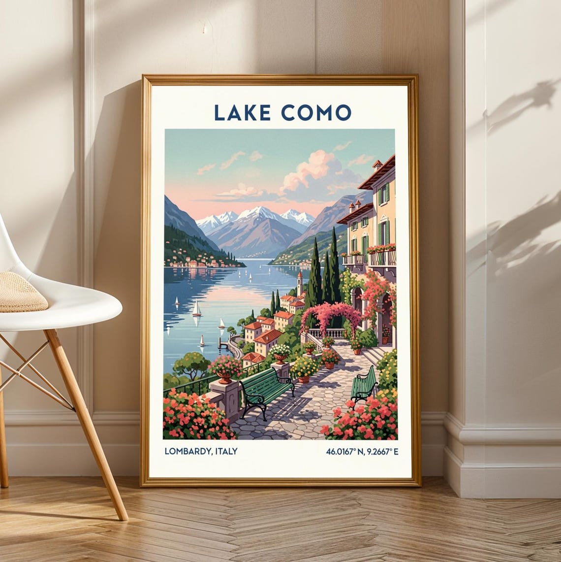 Lake Como Village Poster Blue Pink Green And Orange Gouache Painting Italian Landscape Travel Art Living Room Decor