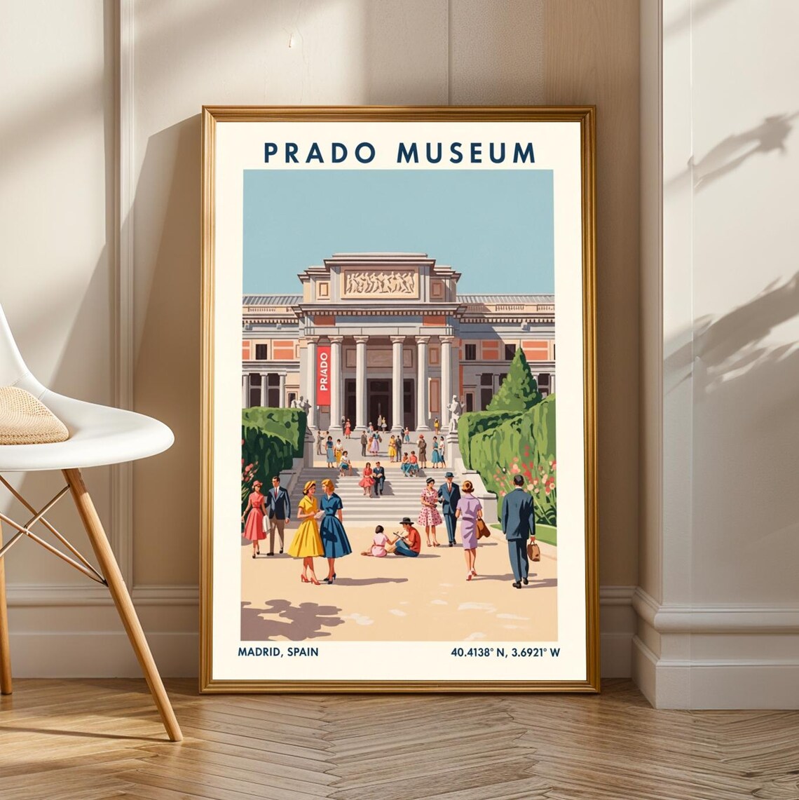 Prado Museum Madrid Spain Travel Poster Classic Facade Visitors Scene