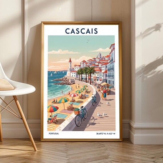 Cascais Beach Scene Poster Blue And Red Green Coastal Art Vintage Travel Illustration Portugal Wall Decor For Living Room Kitchen